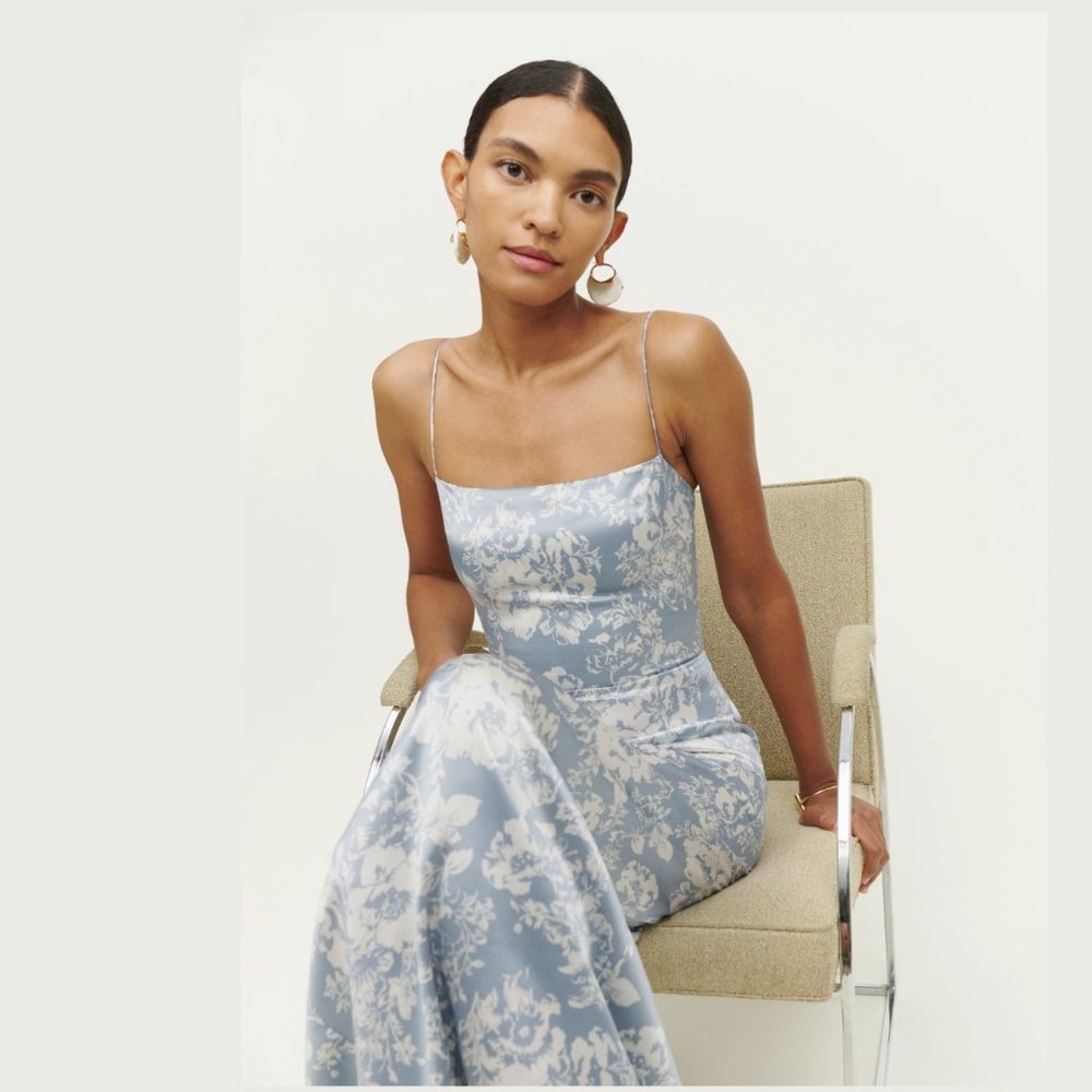 Reformation Powder Blue & White Floral Slip Midi Dress